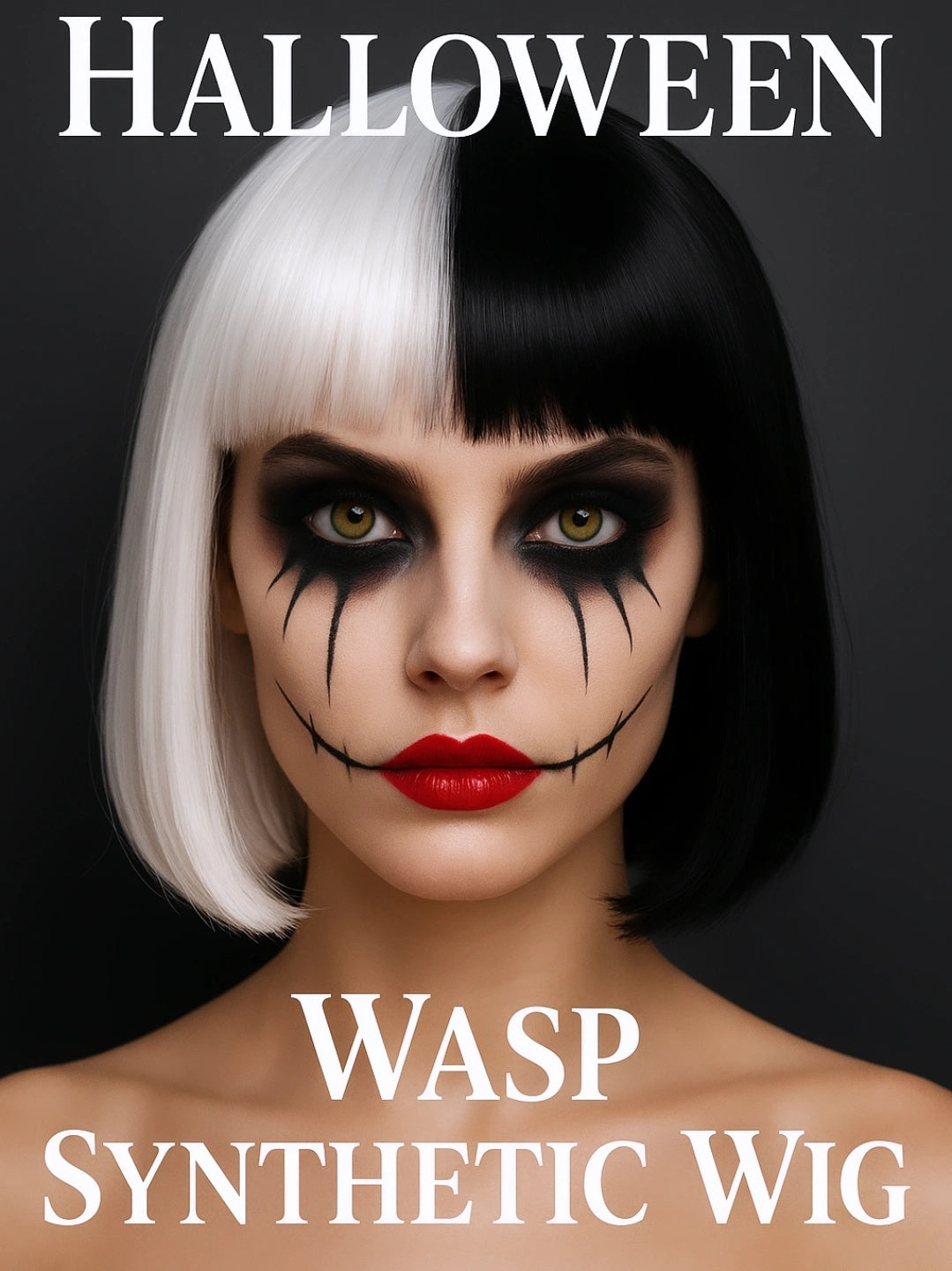 Wasp synthetic wig with black and white hair on a dark background